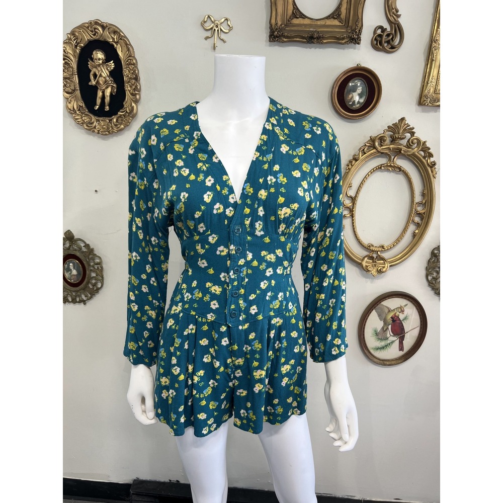Free People Teal Floral Print Long Sleeve Button Front Romper Size 2
